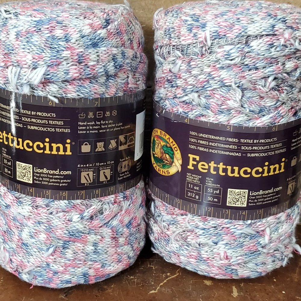 2 Skeins Lion Brand Fettuccini Remnant Yarn - Red, White, Blue Tweed #132c